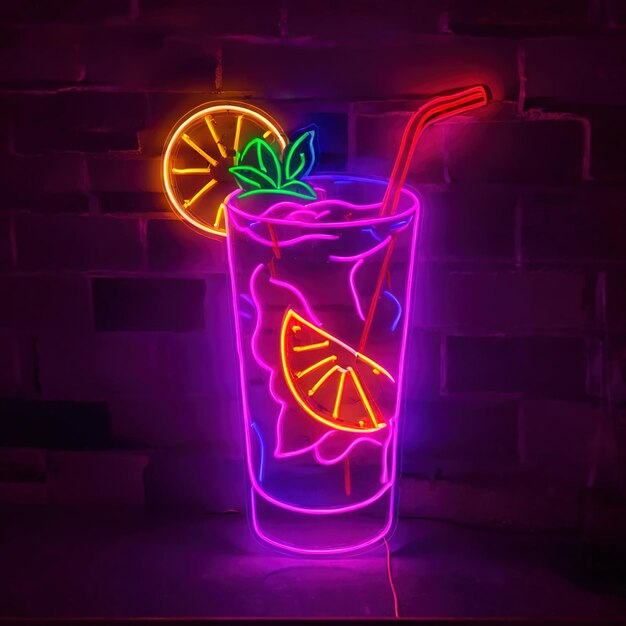 Une enseigne au néon avec un cocktail de mojito et une signalisation électrique lumineuse