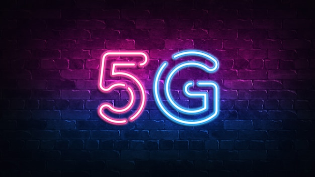 Photo enseigne au néon rose et bleu 5g sur un mur avec des briques