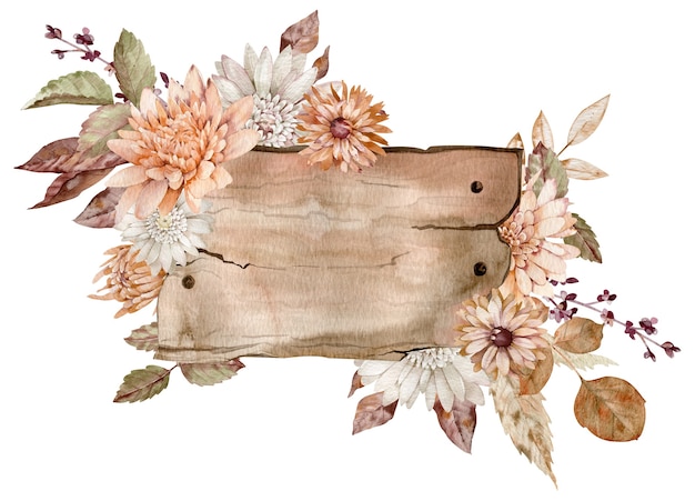 Enseigne en bois à l'aquarelle décorée de fleurs, de chrysanthèmes et de feuilles d'automne. Illustration d'automne dessinée à la main