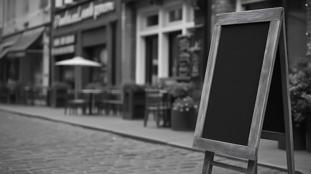 Enseigne de restaurant vierge ou tableaux de menu près de l'entrée du restaurant Menu de café dans la rue Maquette d'enseigne de tableau noir devant un restaurant