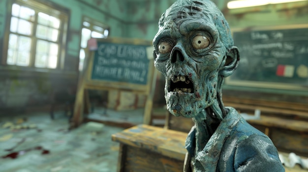 Enseignement de zombies rendu en 3D dans une salle de classe avec un tableau noir en arrière-plan