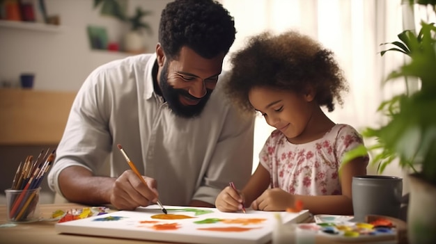 Enseigner aux enfants Heureux père de famille ethnique peignant avec une fille mignonne profil de tir moyen tir commercial détails hyperréalistes arrière-plan simple AI générative