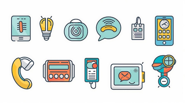 Un ensemble de 10 icônes de conception plate colorées pour une variété de concepts de communication et de technologie