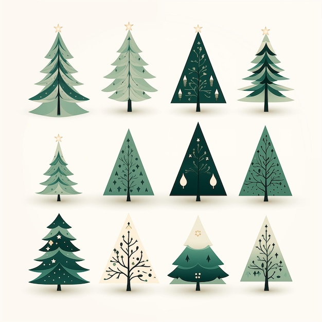 Un ensemble de 12 arbres de Noël des arbres de Noël particuliers avec une intelligence artificielle dans un style plat