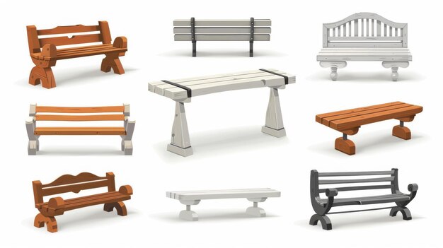 Photo l'ensemble 3d de bancs en bois est isolé sur un fond blanc illustration de dessin animé moderne de meubles de parc de la ville pour le repos en bois blanc gris brun