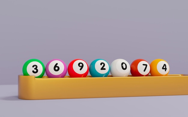 Photo ensemble 3d de six boules de loterie colorées posées sur un support doré avec un fond gris numéro gagnant