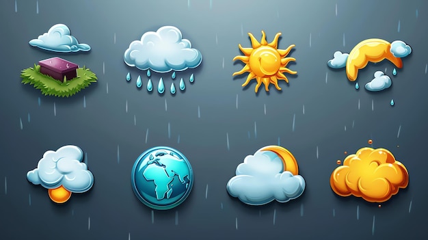Un ensemble de 8 icônes météorologiques de dessins animés Les icônes incluent un nuage pluie soleil lune nuages globe et vent