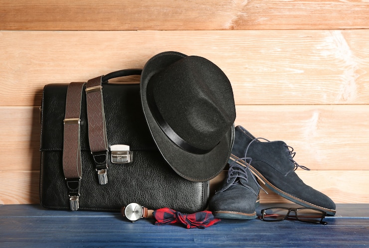 Photo ensemble d'accessoires masculins sur table sur fond de bois