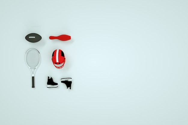 Ensemble d'accessoires de sport sur fond blanc, graphiques 3D. Modèles isométriques de casques de hockey, de patins, de raquettes de tennis et de balles. Équipement de sport sur fond blanc, infographie