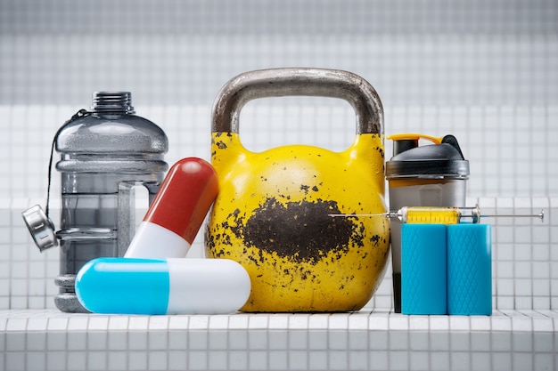 Ensemble d'accessoires de sport. Kettlebell jaune avec pilules, shaker, seringue, injecteur, stéroïdes, médicaments et bouteille d'eau sur mur blanc. Concept de sport et de médecine