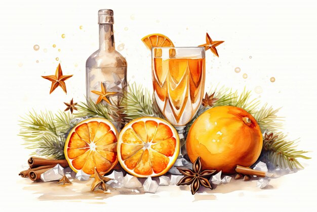 Ensemble d'alcool de composition aquarelle de Noël et oranges