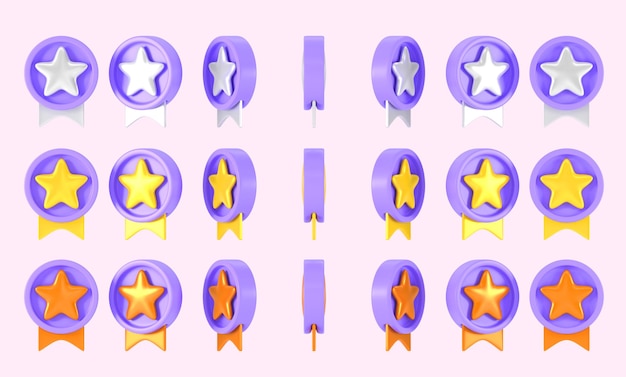 Ensemble d'animation de médailles de rotation rendu 3d Insignes de récompense de cercle violet avec des étoiles et des rubans en bronze doré argenté Bonus de trophée de jeu ou prix gagnant Icônes de notation isolées de dessin animé