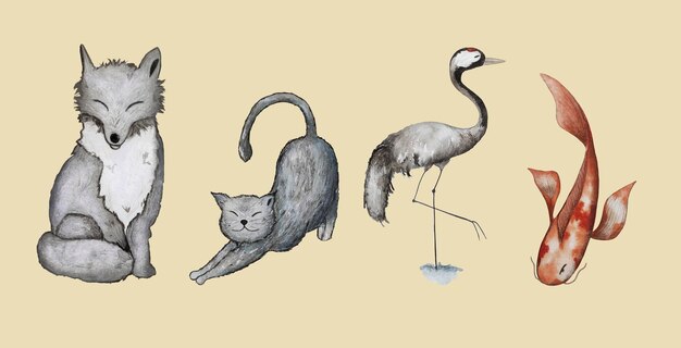 Photo ensemble d'animaux japonais illustration aquarelle