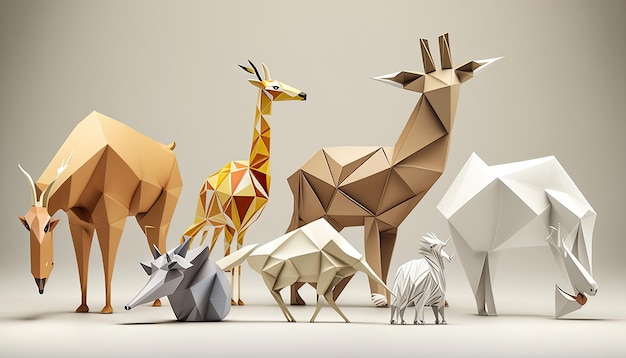 Ensemble d'animaux Origami fond blanc Fabriqué par AIIntelligence artificielle