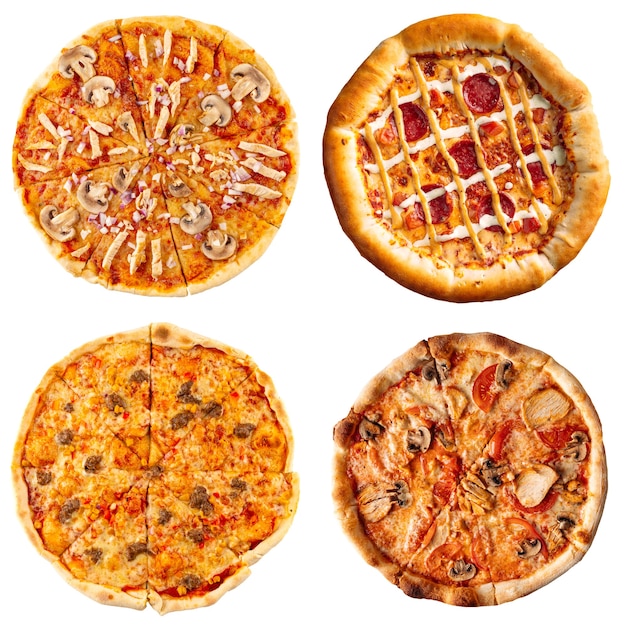 Ensemble appétissant de différentes pizzas isolées