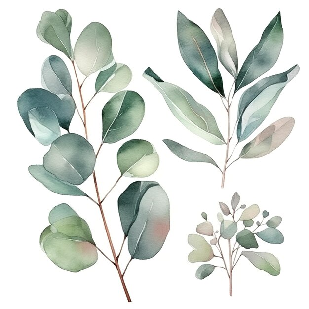 Ensemble aquarelle d'eucalyptus fond blanc séparé