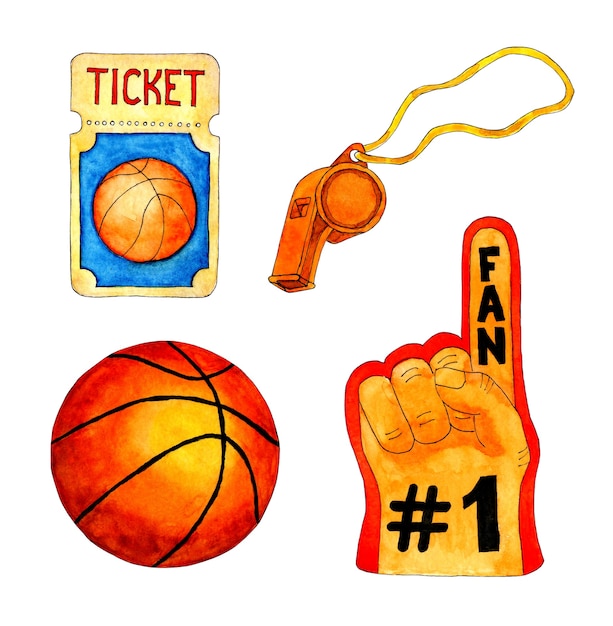 Photo ensemble d'aquarelle de fan de basket-ball. ballon, gant de fan, sifflet et ticket de match. accessoires de sport de basket-ball