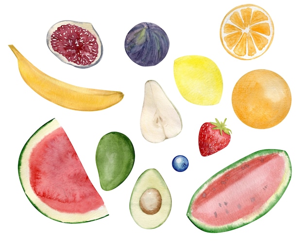 Ensemble aquarelle de fruits et baies peints à la main, banane, citron et avocat.