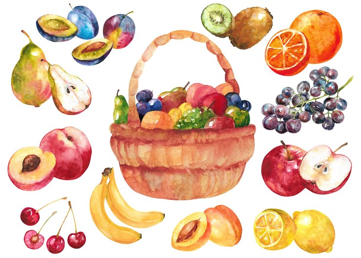 Ensemble aquarelle de fruits Panier en osier de fruits et de fruits en cercle