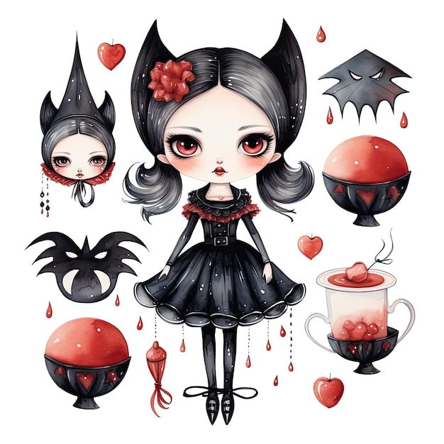 Ensemble aquarelle d'Halloween poupée fille vampire mignonne