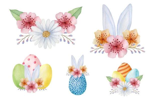 Photo ensemble aquarelle d'illustrations d'arrangements floraux de printemps joyeuses pâques joyeuses fêtes
