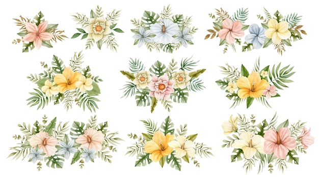 Ensemble aquarelle d'illustrations de bouquets de fleurs tropicales.