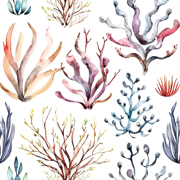 Un ensemble aquarelle de plantes marines