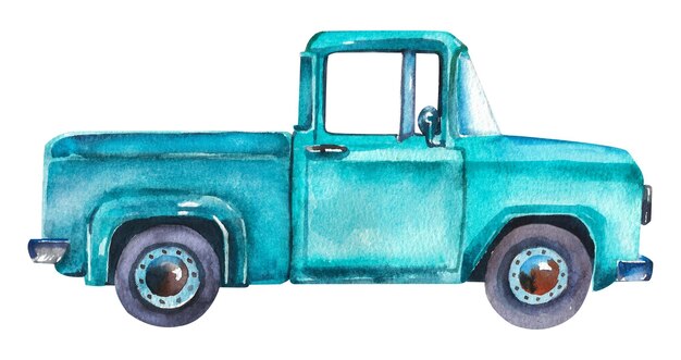 Ensemble aquarelle de véhicules Pick-up bleu sur fond blanc