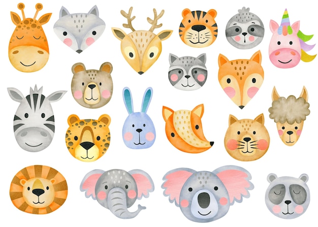 Ensemble aquarelle de visages d'animaux isolé sur fond blanc