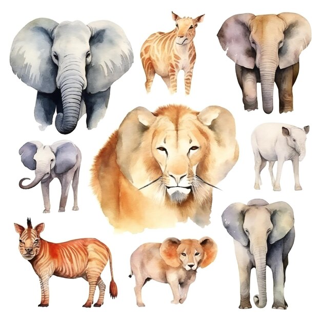 Un ensemble d'aquarelles d'animaux africains