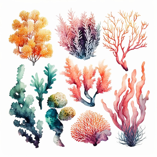 Un ensemble d'aquarelles carales de plantes marines sur fond clair AI générative