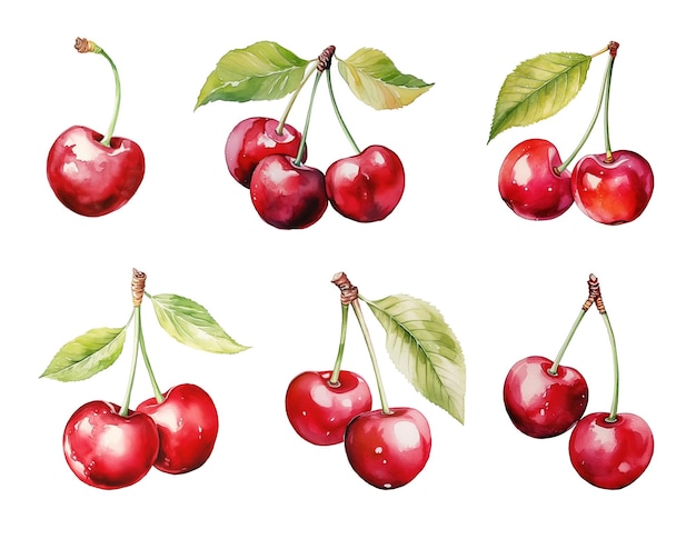 Ensemble d'aquarelles de cerises fraîches isolées sur fond blanc