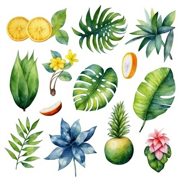 un ensemble d'aquarelles de plantes tropicales et de feuilles génératives