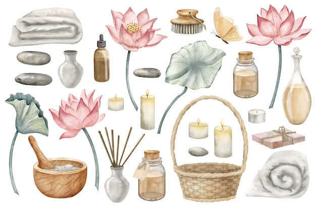 Ensemble d'aquarelles de spa Illustration dessinée à la main de fleurs de lotus flacons rétro serviettes de bain et cosmétiques écologiques sur fond blanc isolé pour la conception d'aromathérapie Dessin de relaxation nature clip art