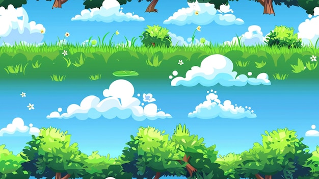 un ensemble d'arbres animés avec des nuages et des arbres