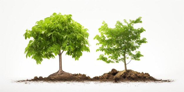 Un ensemble d'arbres de cendres poussant dans le sol isolés sur un fond blanc