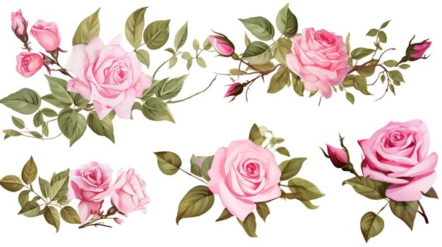 Ensemble d'arrangement aquarelle de roses et de feuilles