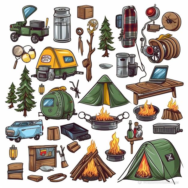 Photo un ensemble d'articles et d'objets génératifs liés au camping ai