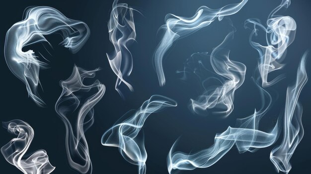 L'ensemble artistique de clip-art moderne en 3D présente des gouttelettes de poudre de fumée blanche ornées de souffle de vent ou de poussière et de vapeur de produits chimiques ou cosmétiques à la vapeur