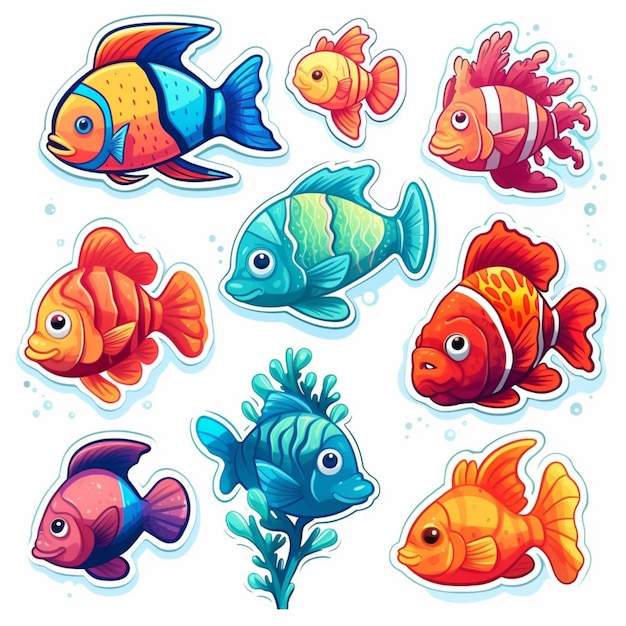 un ensemble d'autocollants de poissons de dessins animés avec différentes couleurs et tailles ai générative