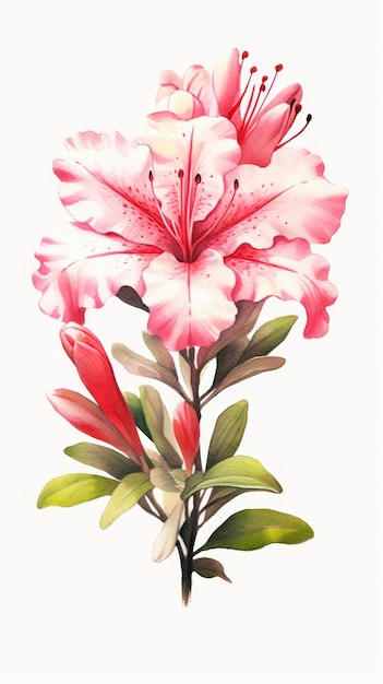 Ensemble d'azalées rose vif dans un style aquarelle moderne isolé sur fond blanc AI générative