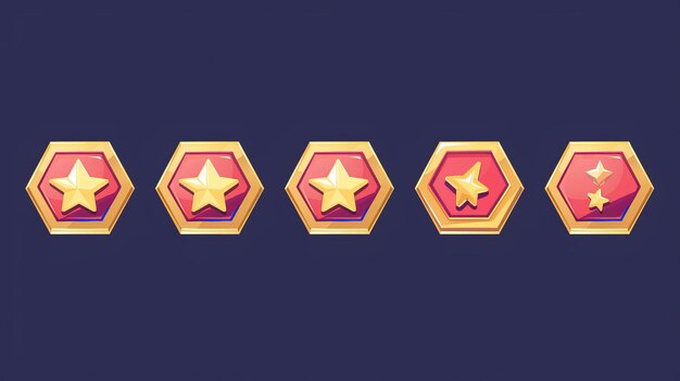 Photo un ensemble de badges de jeu en or de différents rangs isolés sur un fond bleu foncé illustration moderne de médailles hexagonales rouges avec des étoiles et des textures métalliques dorées