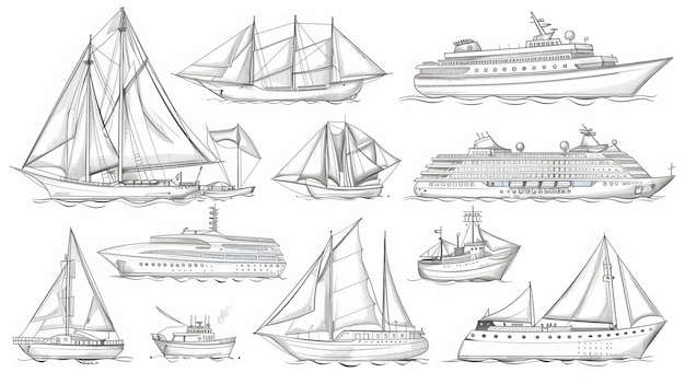 Photo un ensemble de bateaux de mer et de navires voiliers navires de croisière voile transports yachts cargo ferries griffonner dessins au crayon dans le style des enfants illustrations modernes dessinées à la main isolées sur blanc