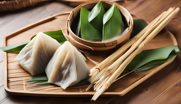 Photo un ensemble de bâtons de bambou avec une feuille verte qui dit riz
