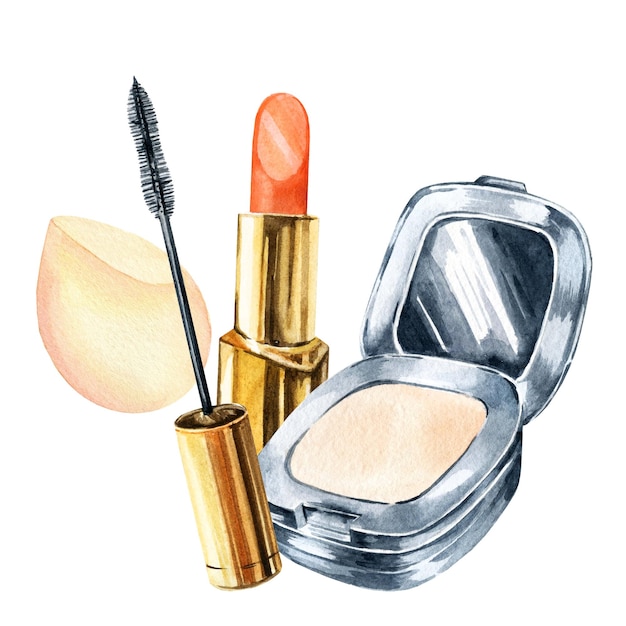 Photo ensemble de beauté aquarelle de produits cosmétiques décoratifs en poudre avec miroir doré mascara rouge à lèvres cos