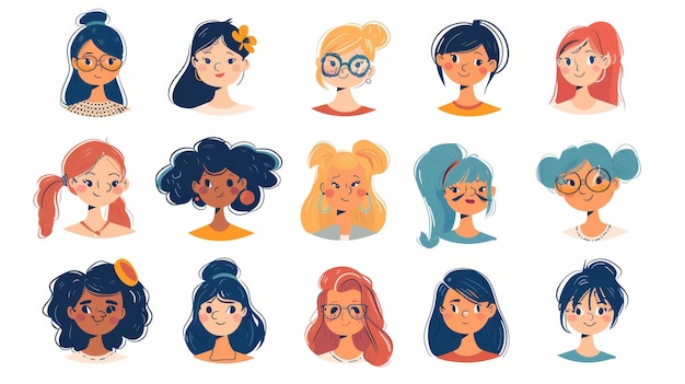 Un ensemble de beaux personnages féminins avec diverses expressions dans un design de style moderne ils sont dessinés dans un style dessiné à la main