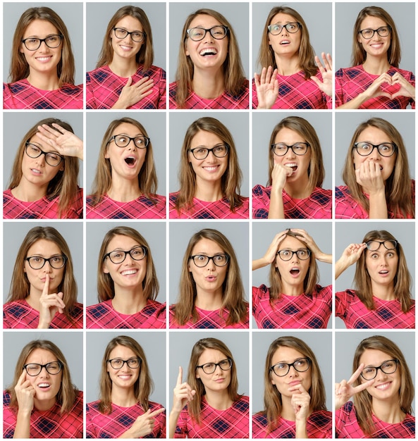 Photo ensemble d'une belle fille en robe rouge avec différentes expressions faciales isolées