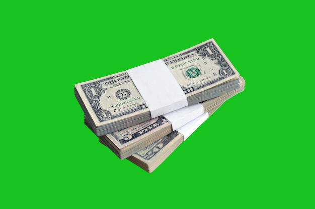 Ensemble de billets d'un dollar américain isolés sur un incrustateur vert Pack d'argent américain avec une haute résolution sur un masque vert parfait