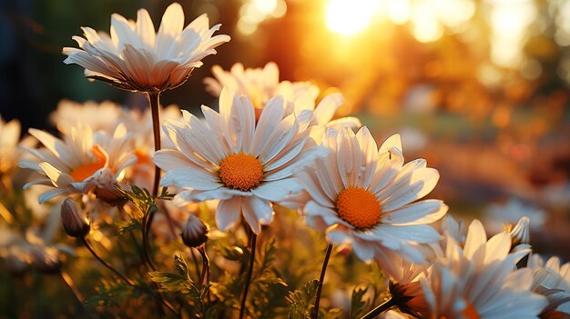 Un ensemble blanc de fleurs sur les arbres avec le coucher de soleil AI générative