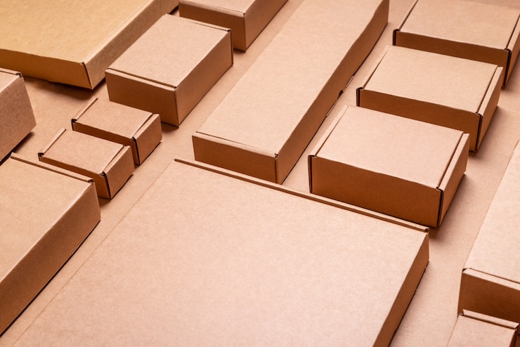 Photo ensemble de boîtes en carton brun artisanat, arrière-plan